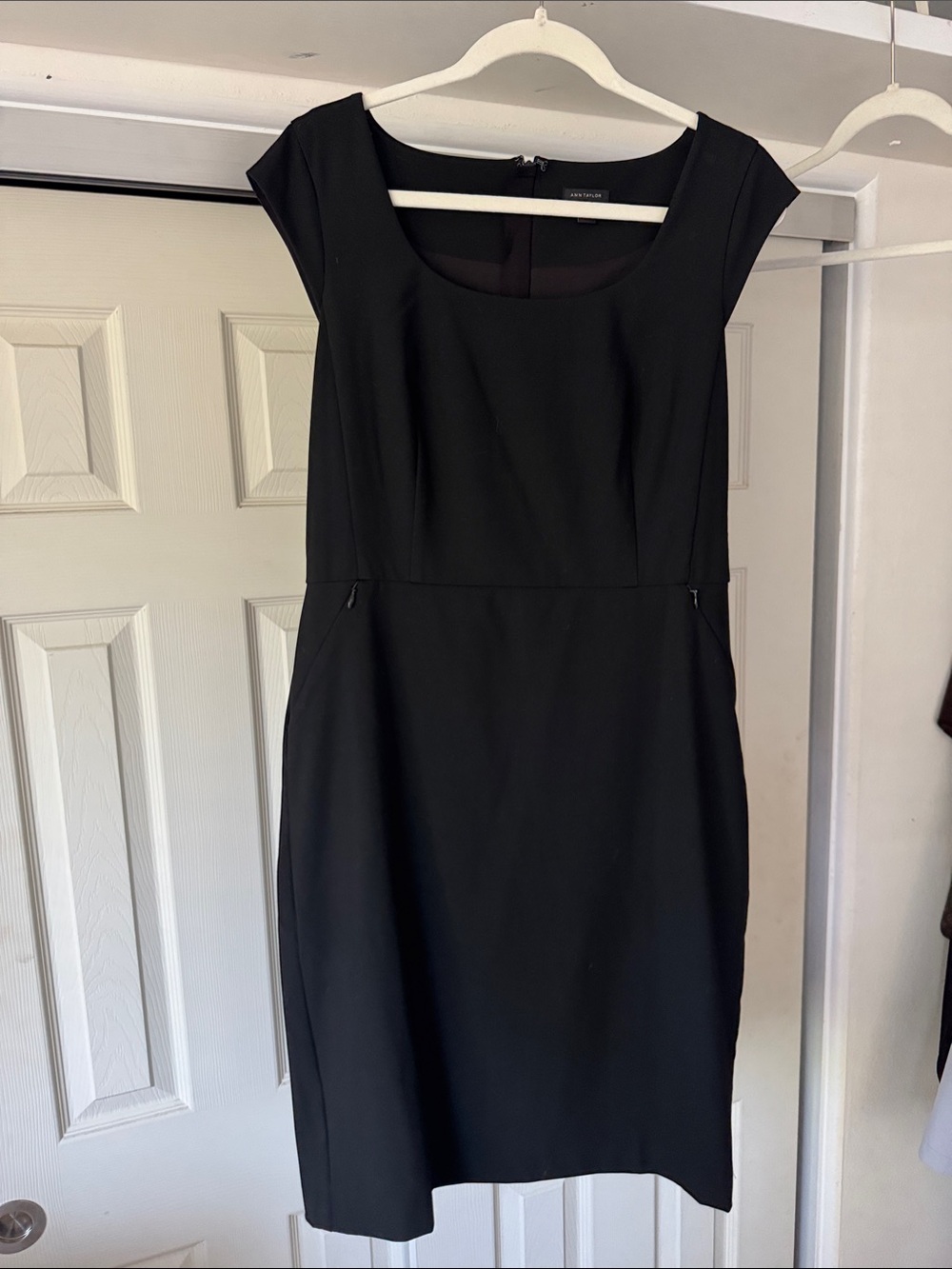 Ann Taylor Black Cap-Sleeve Midi Sheath Dress